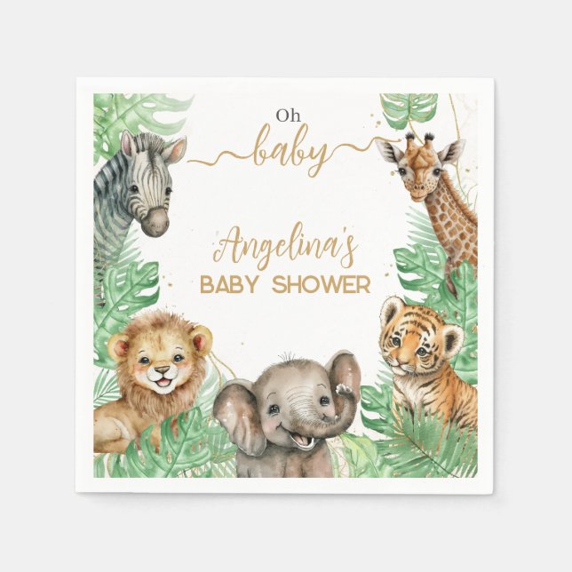 Safari animals Tropical greenery Baby Shower Napkin (Front)