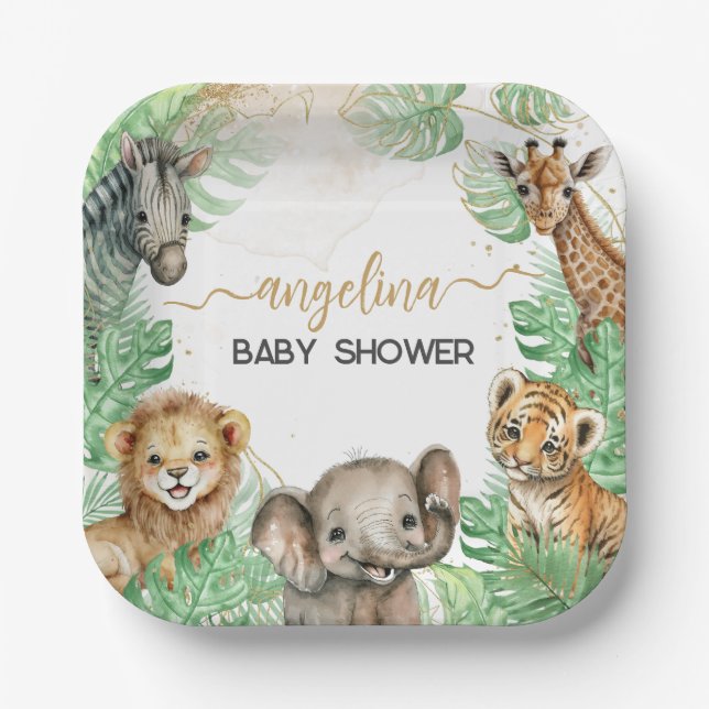 Safari animals Tropical greenery Baby Shower Paper Plate (Front)