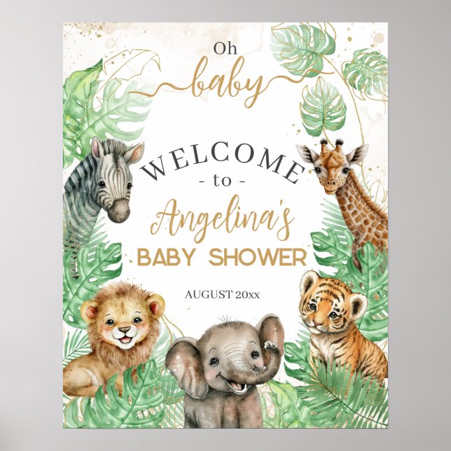 Safari animals Tropical greenery Baby Shower Poster (Front)