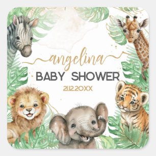 Safari animals Tropical greenery Baby Shower Square Sticker