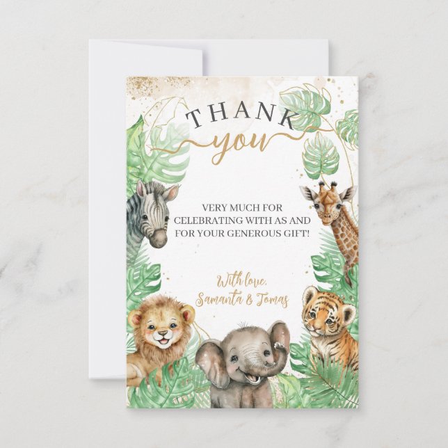 Safari animals Tropical greenery Baby Shower  Thank You Card (Front)