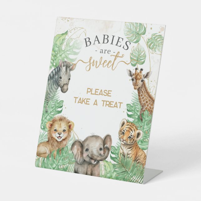 Safari animals Tropical greenery Baby Shower treat Pedestal Sign (Front)