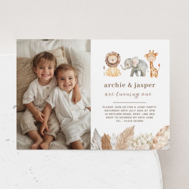 Safari Animals Twins Landscape Photo Invitation (Creator Uploaded)