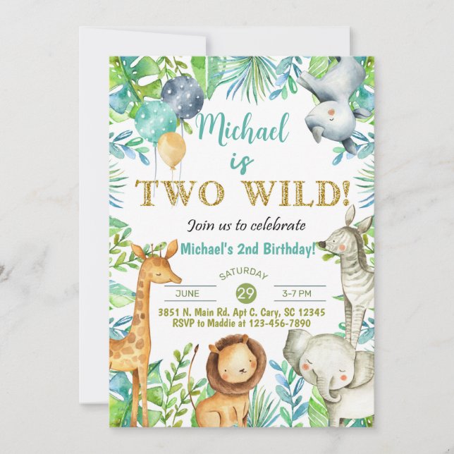Safari animals Two Wild boy 2nd birthday invite. Invitation (Front)