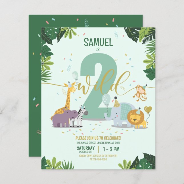 Safari Animals Two Wild Budget Birthday Invitation (Front/Back)