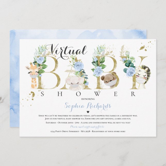 Safari Animals Virtual Baby Shower Greenery Gold Invitation (Front/Back)