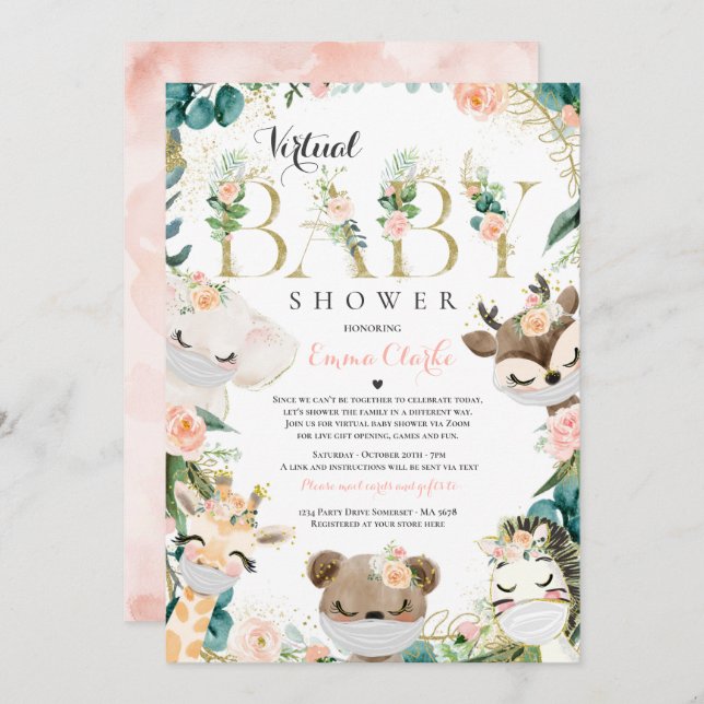 Safari Animals Virtual Baby Shower Greenery Gold Invitation (Front/Back)