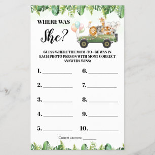 Safari Animals Where was Mum Shower Game Card