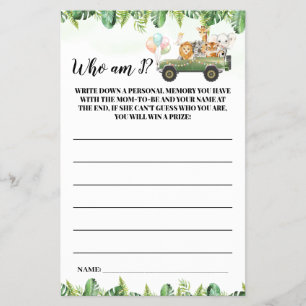 Safari Animals Who I am Baby Shower Game Card