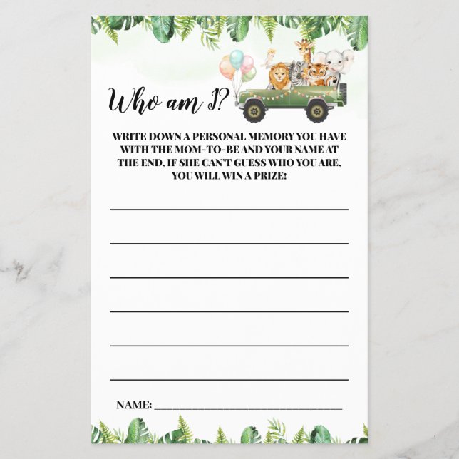 Safari Animals Who I am Baby Shower Game Card (Front)