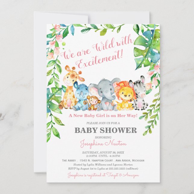 Safari Animals Wild Jungle Girl Baby Shower Invitation (Front)