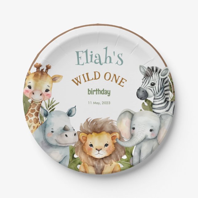 Safari Animals Wild One 1st Birthday Paper Plate (Front)