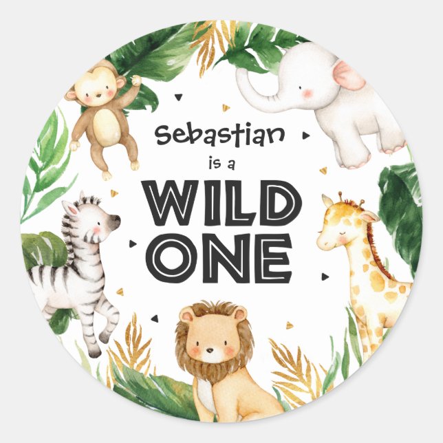 Safari Animals Wild One 1st Birthday Party Classic Round Sticker (Front)