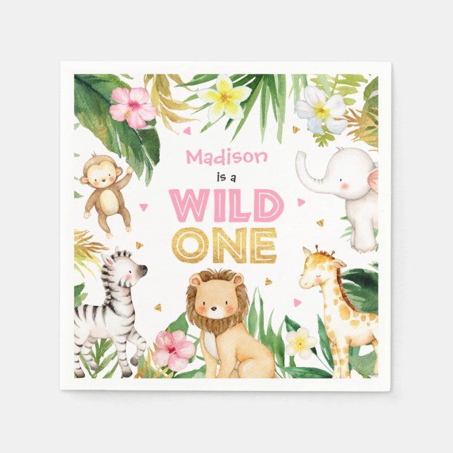 Safari Animals Wild One 1st Birthday Party Decor Napkin (Front)