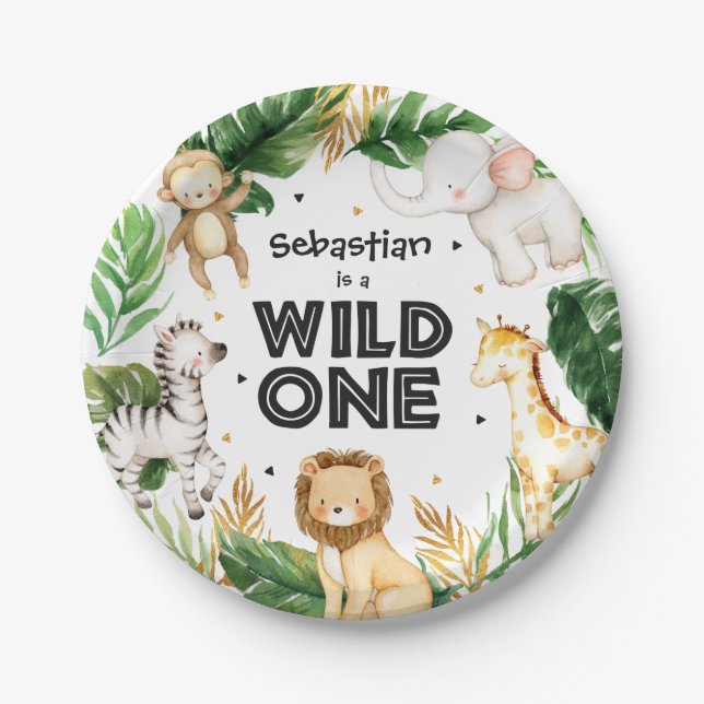 Safari Animals Wild One 1st Birthday Party Decor Paper Plate (Front)