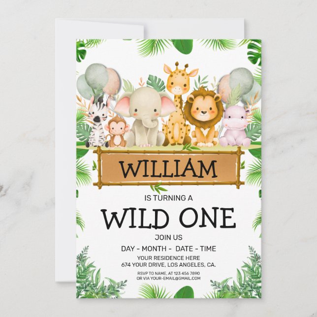 Safari Animals Wild One Birthday PHOTO Invitation (Front)