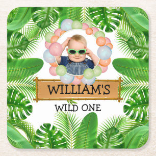 Safari Animals Wild One Birthday PHOTO Square Paper Coaster