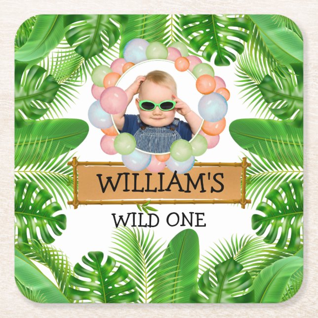 Safari Animals Wild One Birthday PHOTO Square Paper Coaster (Front)
