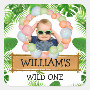 Safari Animals Wild One Birthday PHOTO Square Sticker