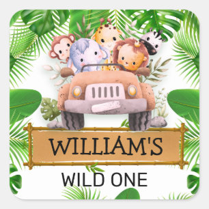 Safari Animals Wild One Birthday Square Sticker