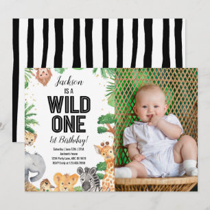 Safari Animals Wild One Birthday White Photo Invitation