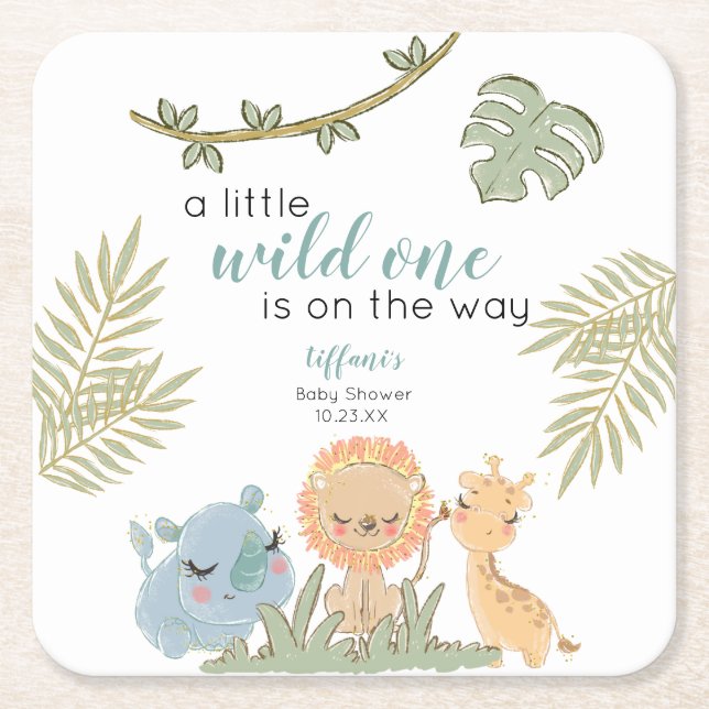  Safari Animals Wild One Girl Baby Shower Square Paper Coaster (Front)