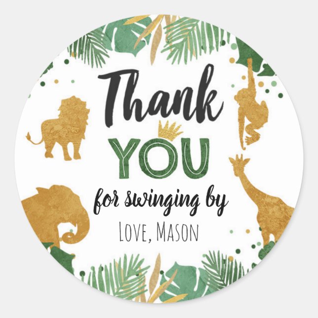 Safari Animals Wild One Jungle Gold Thank You Boy Classic Round Sticker (Front)