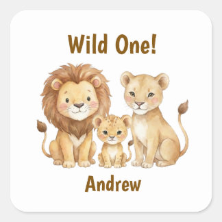 Safari Animals Wild One Personalised Name Square Sticker