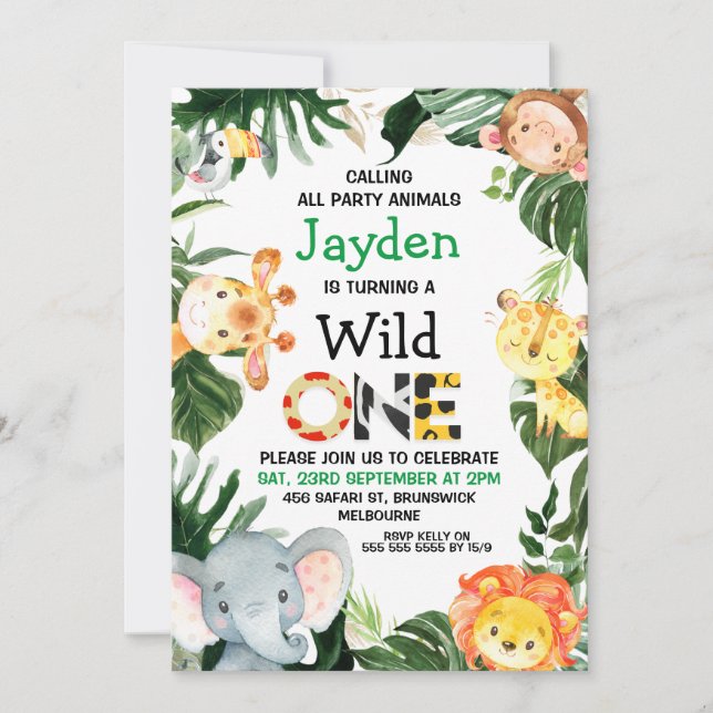 Safari Animals Wild One Safari Prints 1st Birthday Invitation (Front)