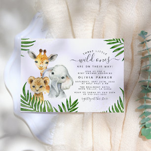 Safari Animals Wild One Triplets Baby Shower Invitation