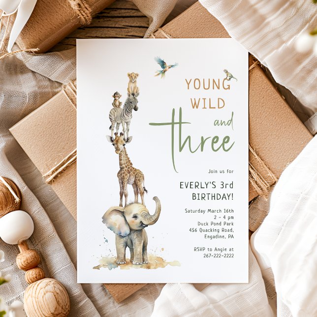 Safari Animals "Young Wild & Three" Kids Birthday Invitation (Creator Uploaded)