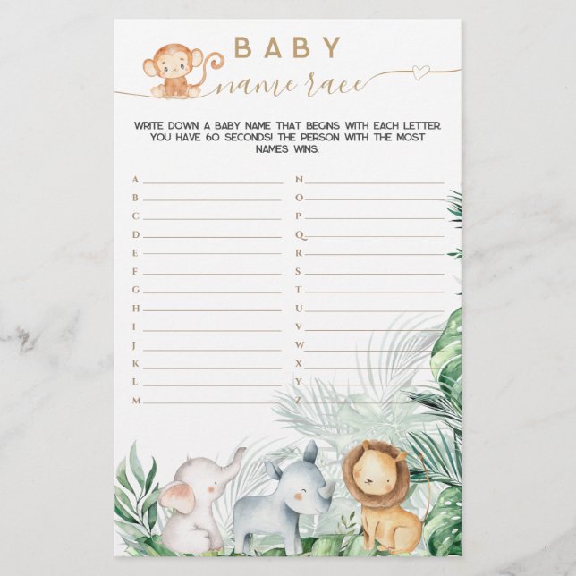 Safari Baby Animal Greenery Baby name race game (Front)