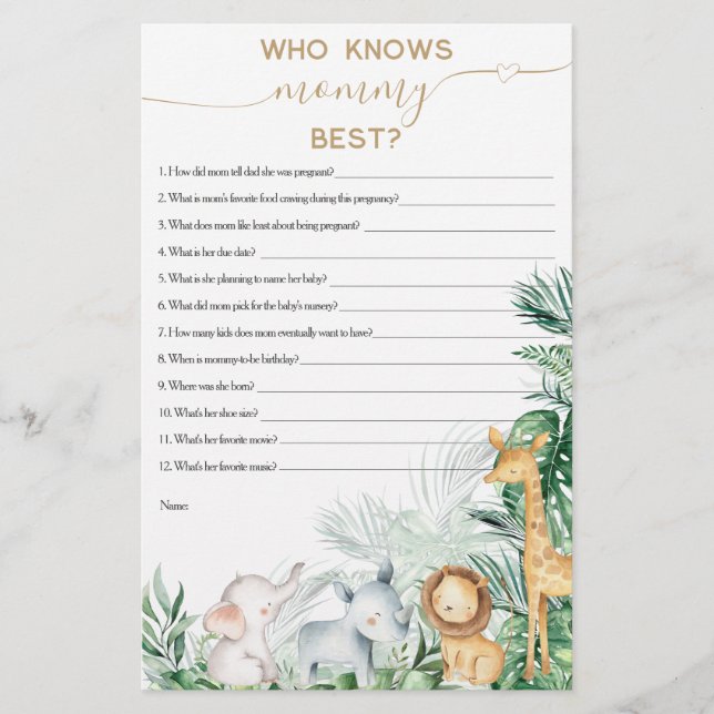 Safari Baby Animal Greenery Baby Shower game (Front)