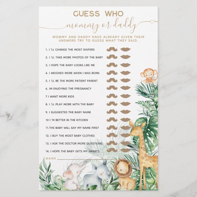 Safari Baby Animal Greenery Baby Shower Guess game (Front)