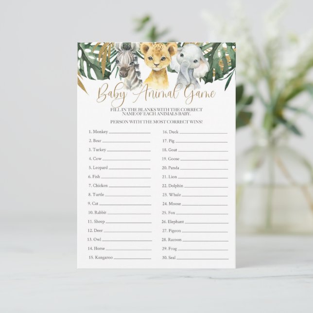 Safari Baby Animal Guessing Game Baby Shower Invitation (Standing Front)