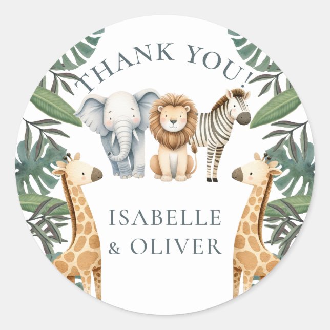 Safari Baby Animals and Greenery Thank You Classic Round Sticker (Front)