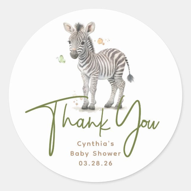 Safari Baby Animals Cute Zebra Thank You Classic Round Sticker (Front)