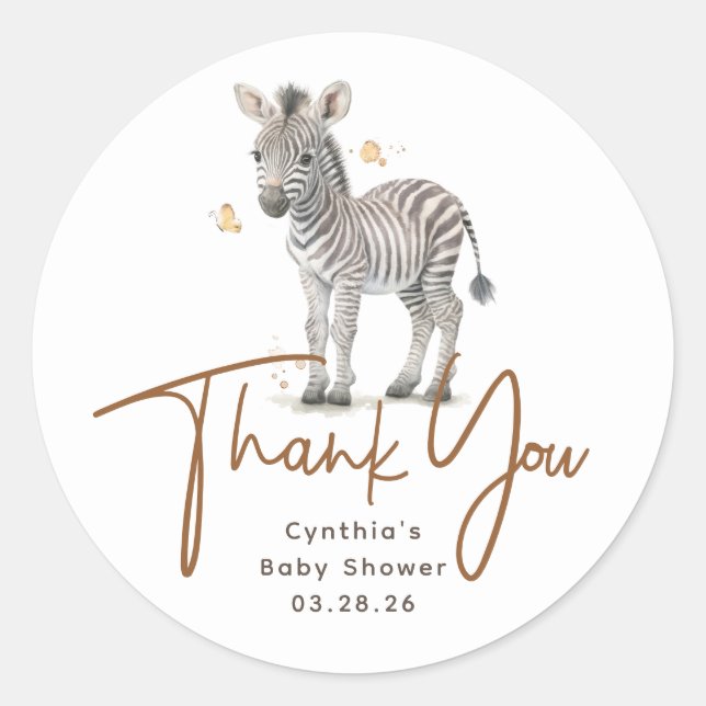 Safari Baby Animals Cute Zebra Thank You Classic Round Sticker (Front)