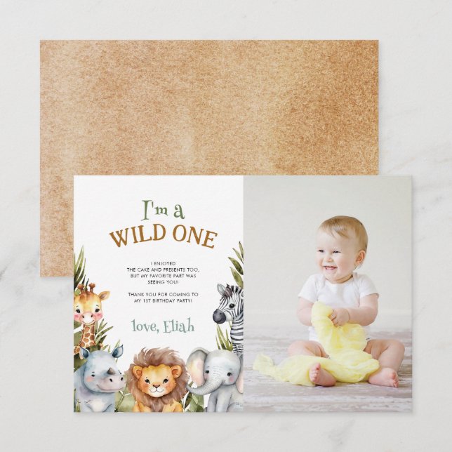 Safari Baby Animals First Birthday Thank You Card (Front/Back)