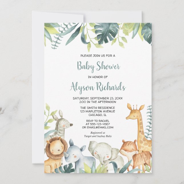 Safari baby animals gender neutral baby shower invitation (Front)