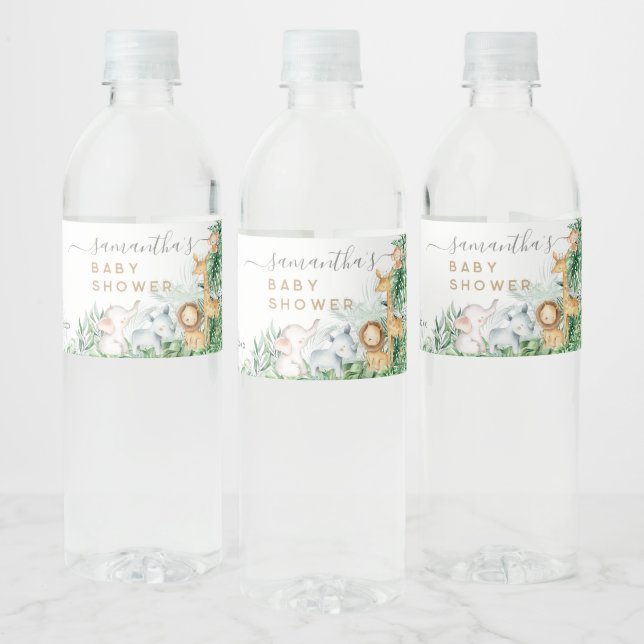 Safari Baby Animals Greenery Baby Shower Water Bottle Label (Bottles)