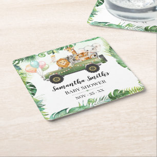 Safari Baby Animals Jungle Tropical Baby Shower Square Paper Coaster