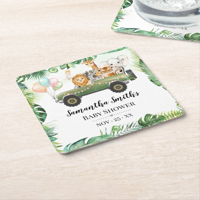 Safari Baby Animals Jungle Tropical Baby Shower Square Paper Coaster (Angled)