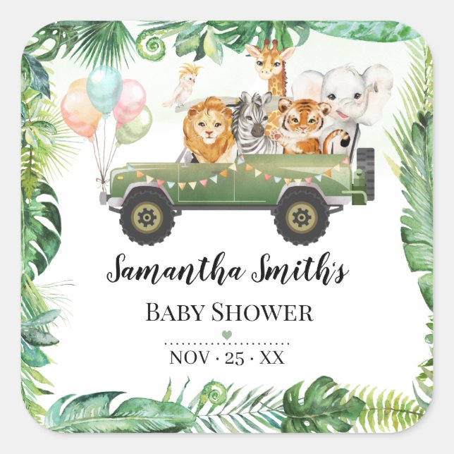 Safari Baby Animals Jungle Tropical Baby Shower Square Sticker (Front)