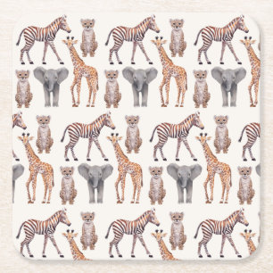 Safari Baby Animals Pattern Square Paper Coaster