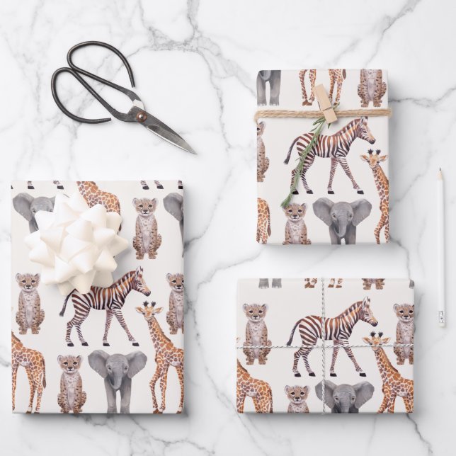 Safari Baby Animals Pattern  Wrapping Paper Sheet (Front)