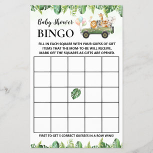 Safari Baby Animals Shower Bingo Game Card