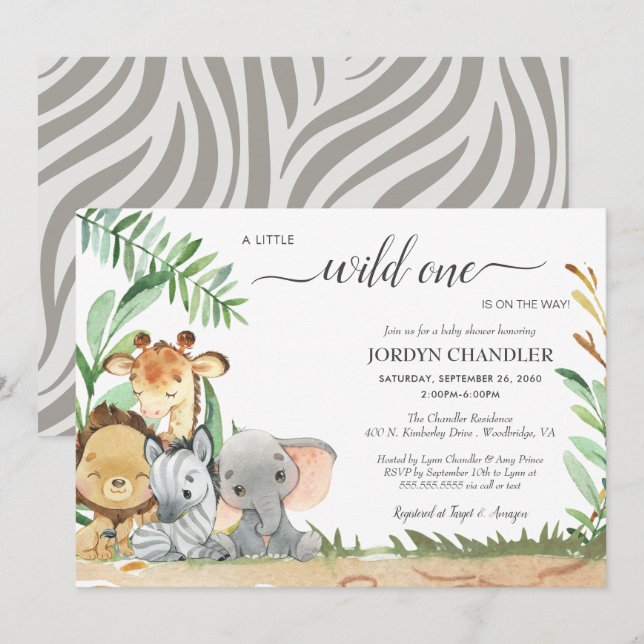 Safari Baby Animals Wild One Baby Shower Invitation (Front/Back)