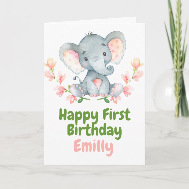 Safari Baby Elephant Happy 1st Birthday Card (Front)