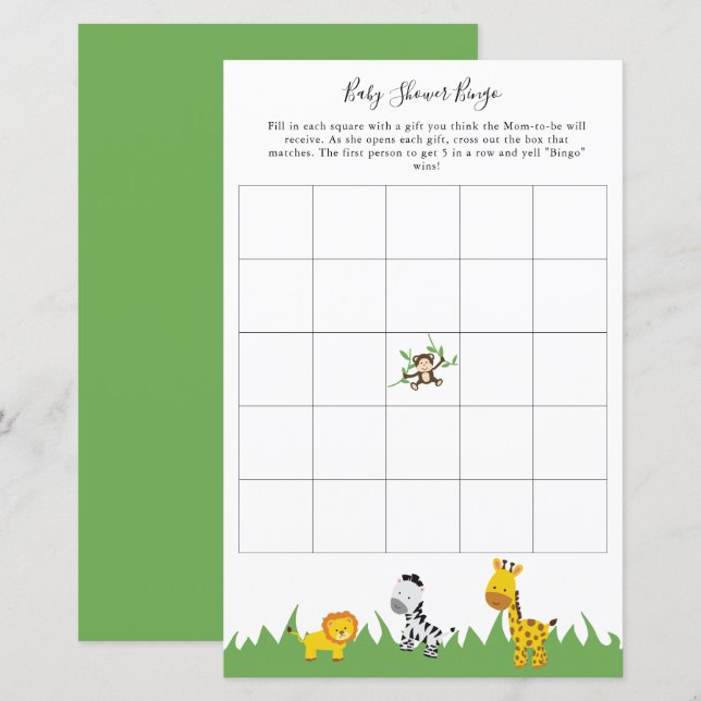 Safari Baby Shower Bingo Party Game Cute Animals (Front/Back)